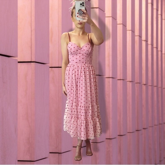 RARE Betsey Johnson Heart Foil-Printed Tiered Sweetheart Dress - Picture 2 of 3